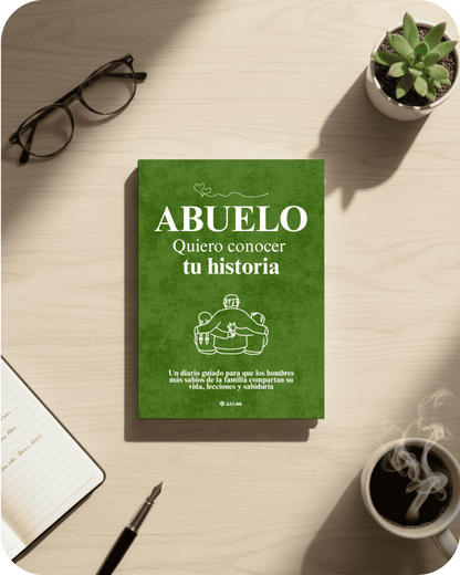 Libro de regalo "Abuelo, Quiero conocer tu historia" de color verde. Regalo sentimental y original para el Día del Abuelo.
