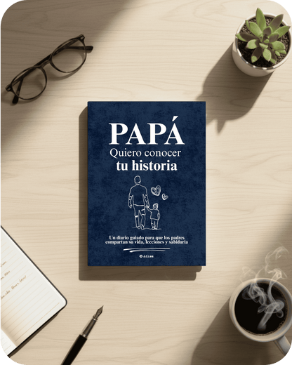 Libro de regalo "Papá, Quiero conocer tu historia" de color azul. Regalo sentimental y original para el Día del Padre.